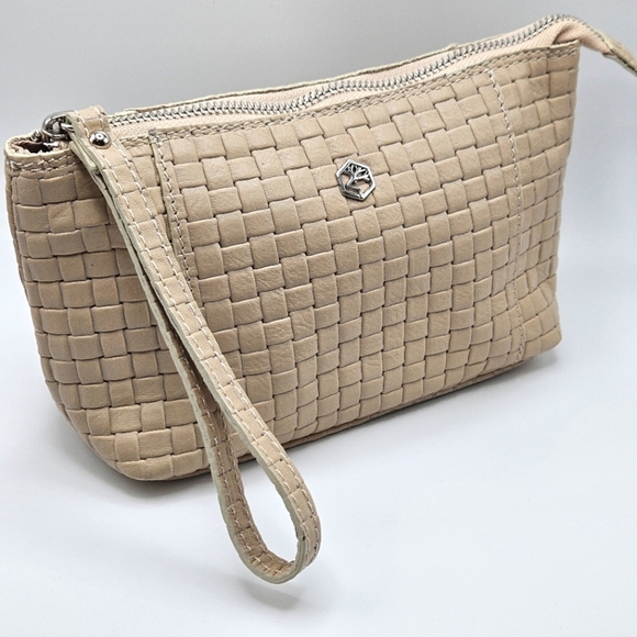 Valentina Tan Woven Leather Wristlet Travel Cosmetic Bag Case Made in Italy - Picture 1 of 9